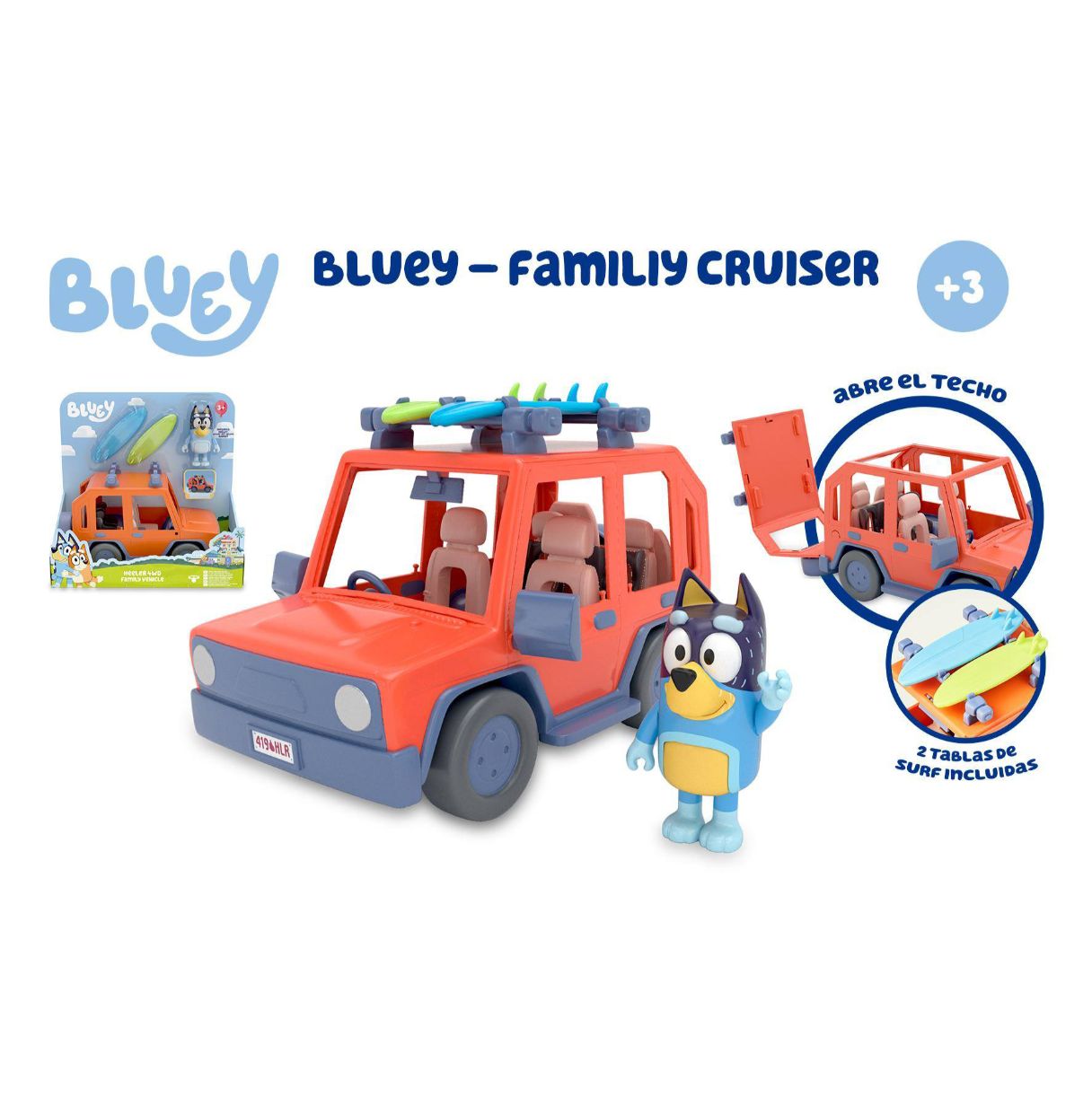 bluey – family cruiser, caravana familiar del perrito azul de la televisión, vehículo de vacaciones, coche de juguete con 2 tabl