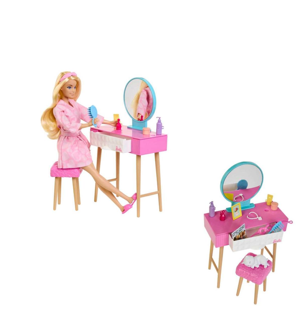 barbie - habitación y muñeca . dormitorio con más de 15 accesorios, incluye cama, tocador , albornoz y gatito, juguete +3 años (