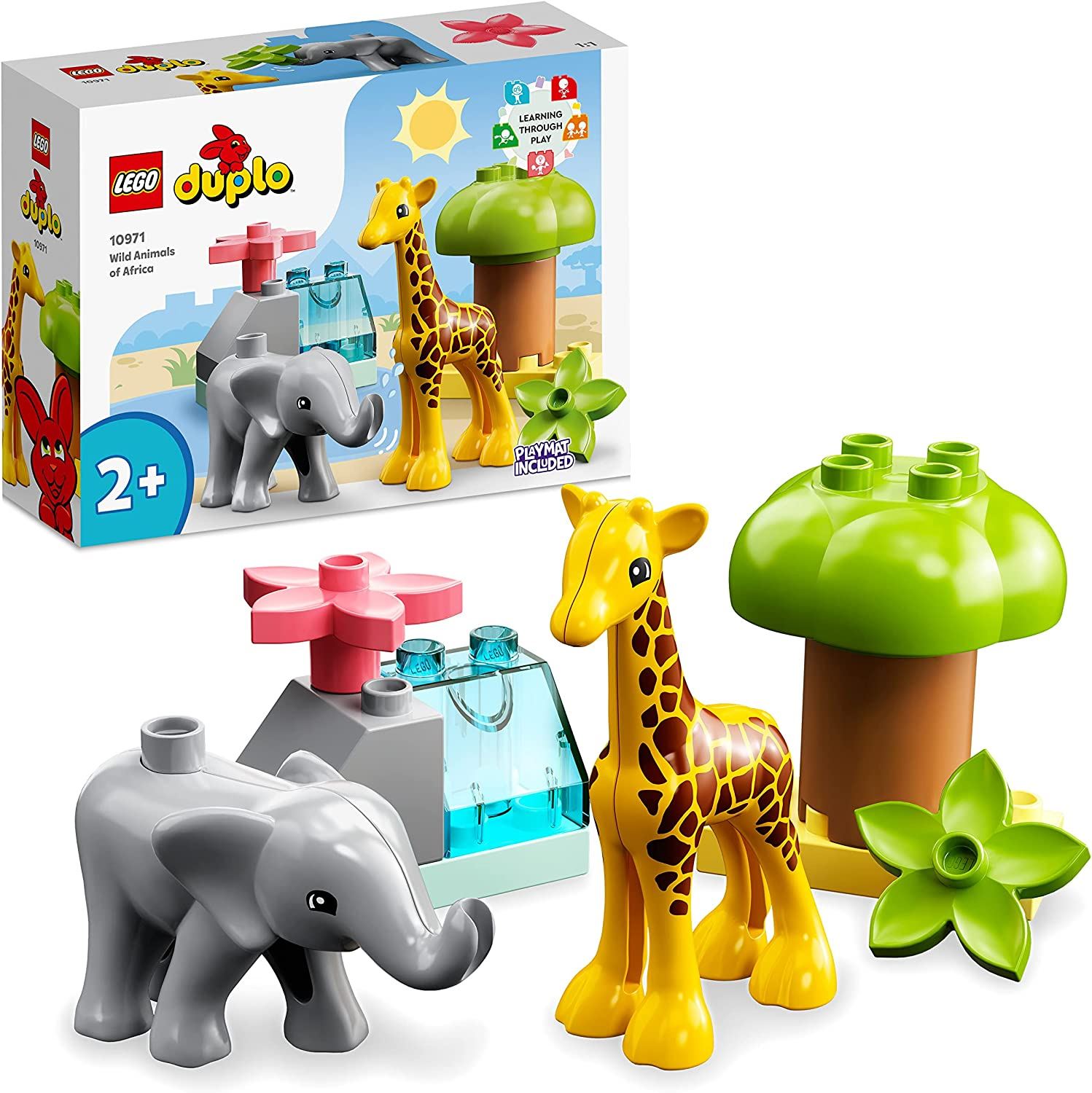 lego 10971 duplo fauna salvaje de África, animales de juguete, juego educativo, figuras elefante y jirafa para niños y niñas de 