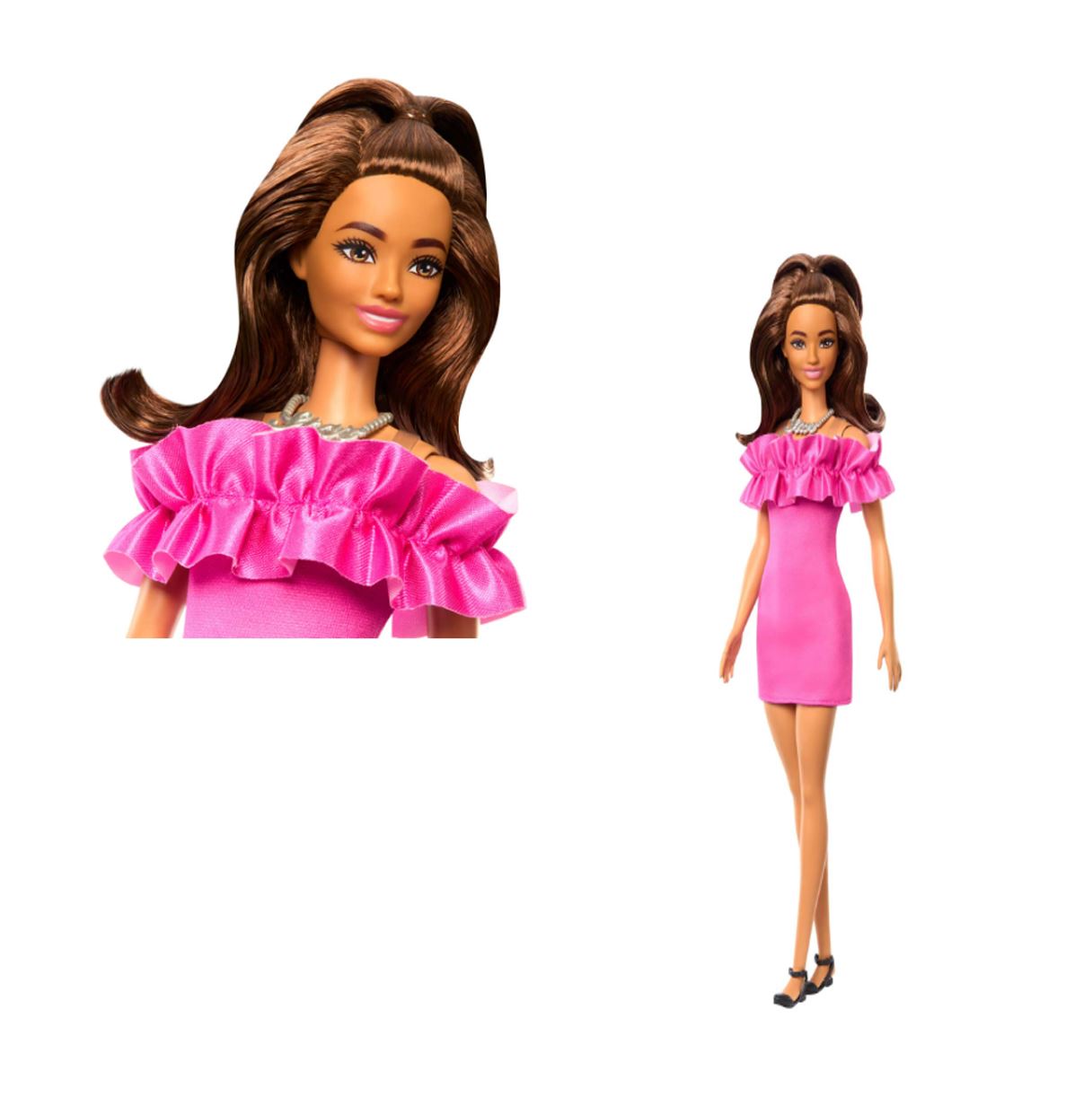 barbie fashionistas vestido rosa volante ( mattel - hrh15)